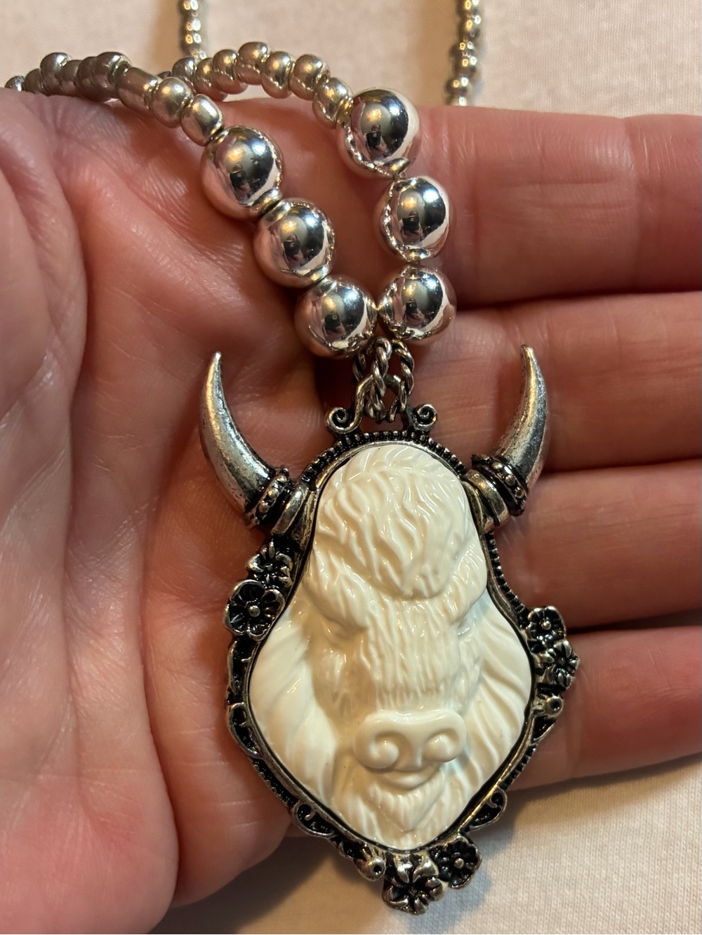 Silver Beaded Necklace with Cow or Bull Western Style